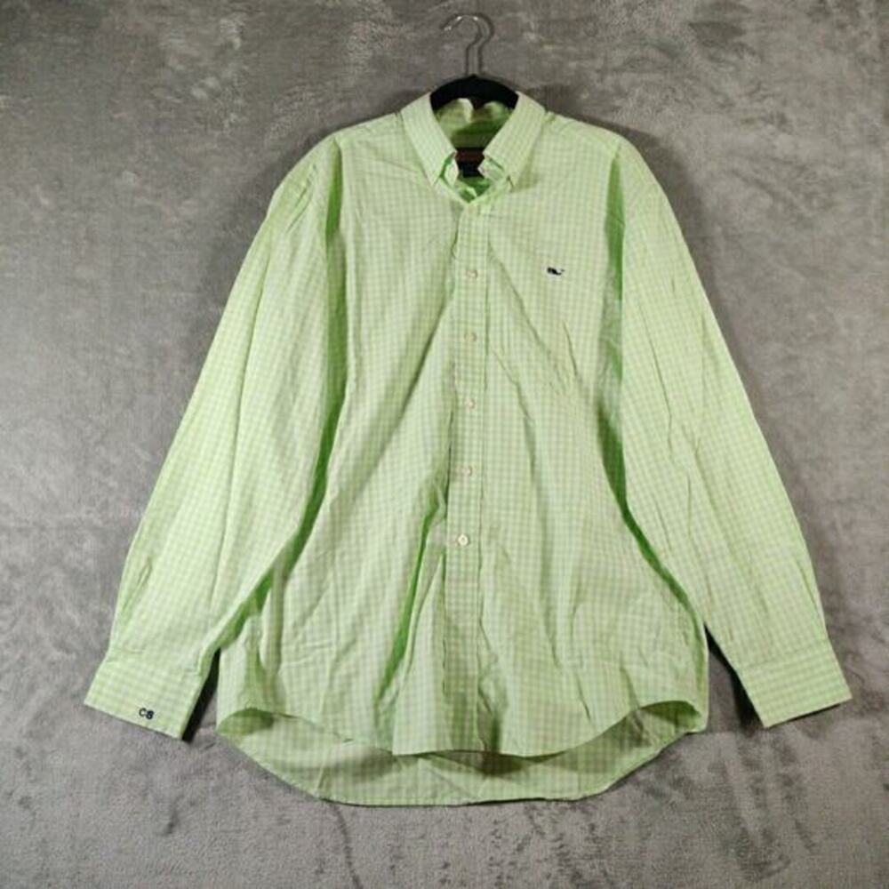 Vineyard Vines Whale Shirt Mens Medium Green White Gingham Check‎ Preppy